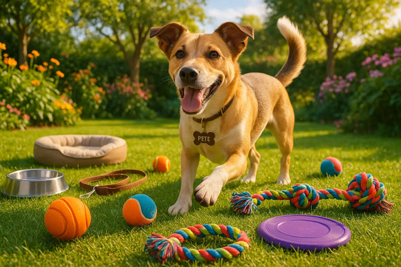 Show pete enjoying playing with their toys outdoots with pet accessories near by