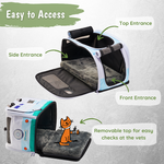 Pet carrier with multiple entrances and a removable top on a gray background