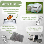 Product features of a pet travel crate with text on cleaning and design.