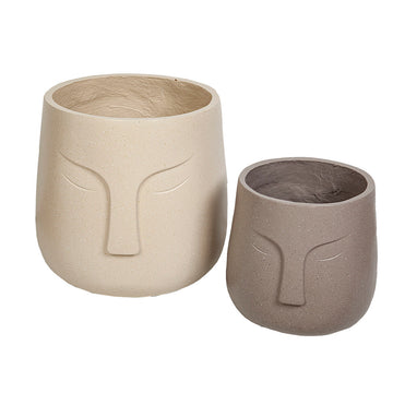 Set of Planters Romimex Beige Ceramic Face (2 Pieces)