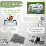 Pet travel crate with features highlighted on a white background