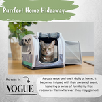 Cat in a transparent pet carrier with text about it being a 'Purrfect Home Hideaway' and its association with Vogue.