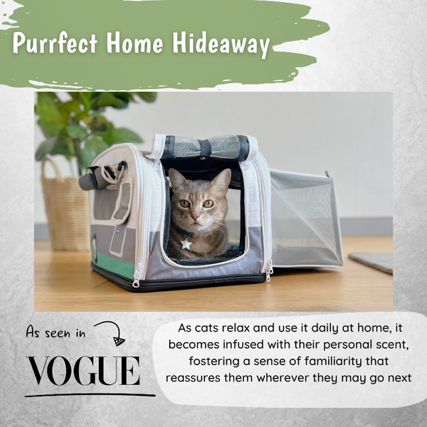 Cat in a transparent pet carrier with text about it being a 'Purrfect Home Hideaway' and its association with Vogue.