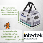 Pet carrier with dimensions and Intertek certification on a white background