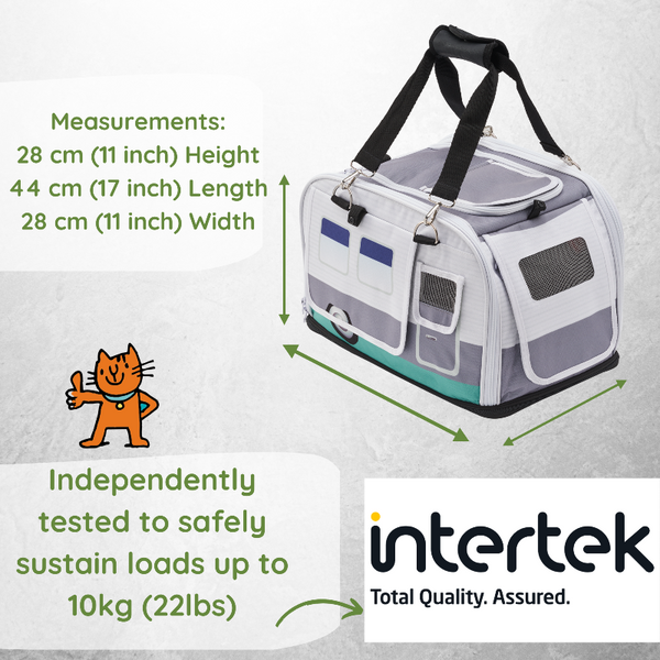 Pet carrier with dimensions and Intertek certification on a white background