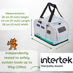 Pet carrier with dimensions and Intertek certification on a light gray background