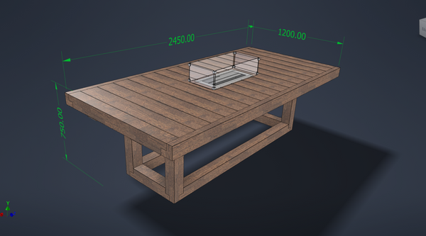 8ft x 4ft Solid wood dining table with matching benches and central firepit