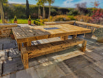 8ft x 4ft Solid wood dining table with matching benches and central firepit