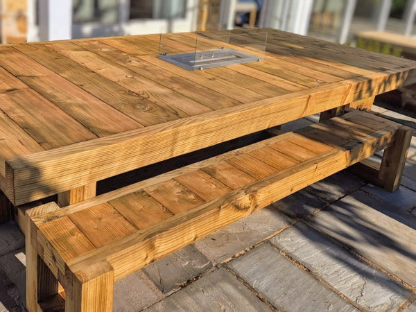 8ft x 4ft Solid wood dining table with matching benches and central firepit