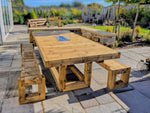8ft x 4ft Solid wood dining table with matching benches and central firepit
