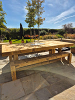 8ft x 4ft Solid wood dining table with matching benches and central firepit