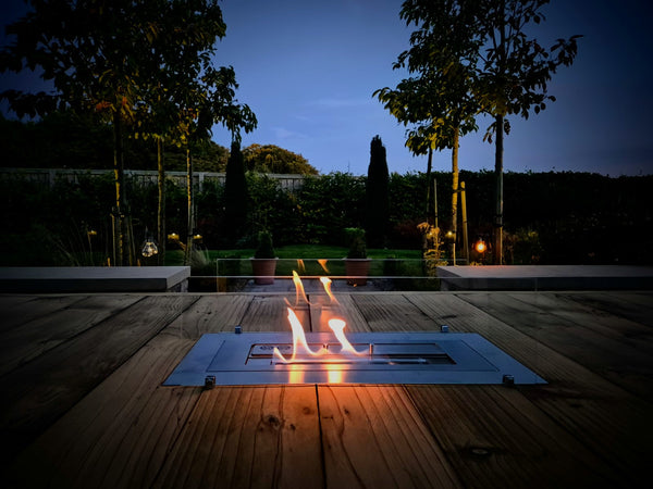 8ft x 4ft Solid wood dining table with matching benches and central firepit