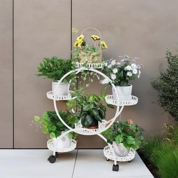 6 Potted Metal Plant Stand Garden Cart Flower Pots Rack Holder Display Shelf with Wheels for Patio Porch Balcony Decoration - Elite Outdoor Living