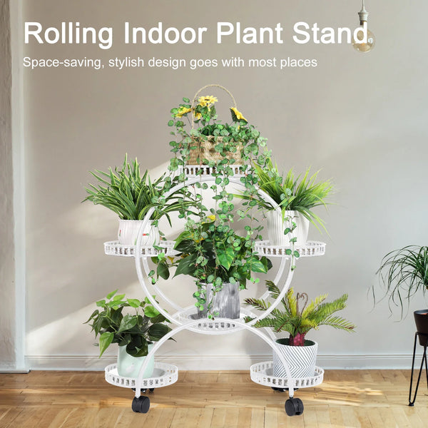 6 Potted Metal Plant Stand Garden Cart Flower Pots Rack Holder Display Shelf with Wheels for Patio Porch Balcony Decoration - Elite Outdoor Living