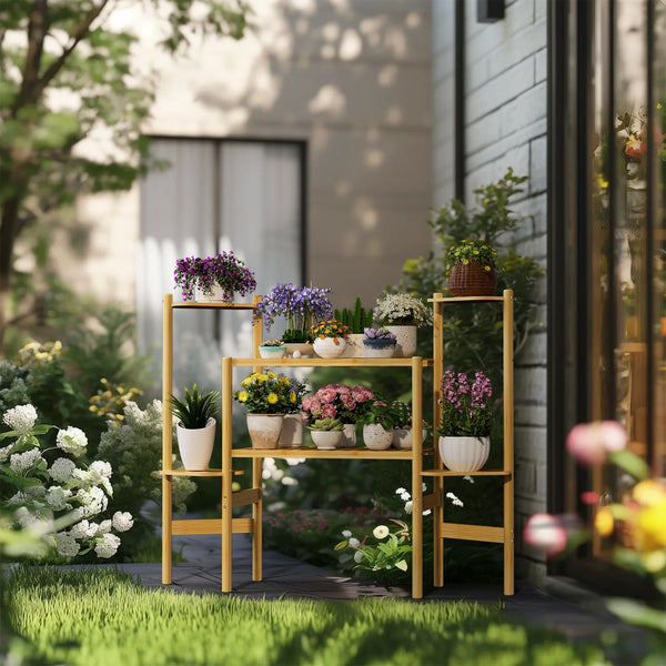 6 Tier Natural Bamboo Plant Stand Holder Corner Flower Pot Display Book Photo for Living Room Balcony Garden - Elite Outdoor Living