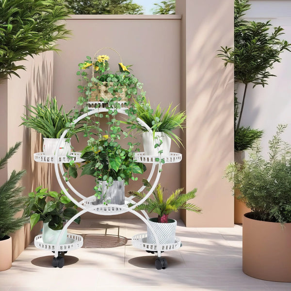 6 Potted Metal Plant Stand Garden Cart Flower Pots Rack Holder Display Shelf with Wheels for Patio Porch Balcony Decoration - Elite Outdoor Living