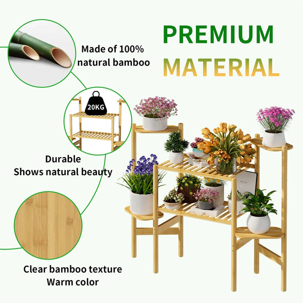 6 Tier Natural Bamboo Plant Stand Holder Corner Flower Pot Display Book Photo for Living Room Balcony Garden - Elite Outdoor Living