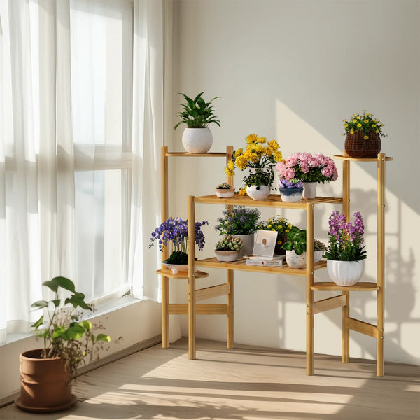 6 Tier Natural Bamboo Plant Stand Holder Corner Flower Pot Display Book Photo for Living Room Balcony Garden - Elite Outdoor Living