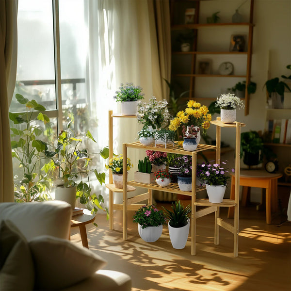 6 Tier Natural Bamboo Plant Stand Holder Corner Flower Pot Display Book Photo for Living Room Balcony Garden - Elite Outdoor Living