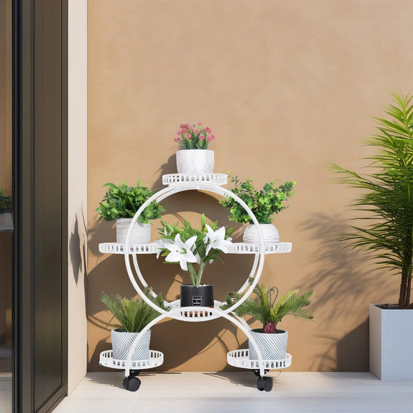6 Potted Metal Plant Stand Garden Cart Flower Pots Rack Holder Display Shelf with Wheels for Patio Porch Balcony Decoration - Elite Outdoor Living