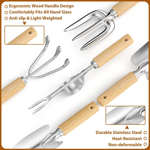 9 Piece Garden Weeding Tools Stainless Steel Gardening Tool Set with Wooden Handle, Weeder - Elite Outdoor Living