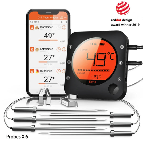 Wireless Bluetooth Meat Thermometer Digital BBQ Kitchen Thermometer Support 6 Probe for Smoker Cooking Grill Oven Candy - Elite Outdoor Living