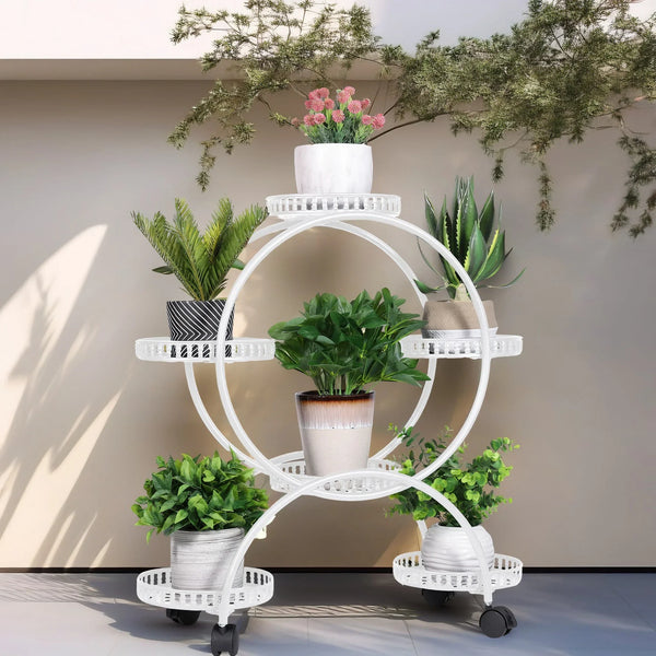 6 Potted Metal Plant Stand Garden Cart Flower Pots Rack Holder Display Shelf with Wheels for Patio Porch Balcony Decoration - Elite Outdoor Living