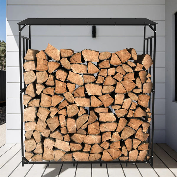 70" Outdoor Metal Log Store Stack Holder Wood Firewood Rack Garden Storage Shed with Waterproof Roof - Elite Outdoor Living